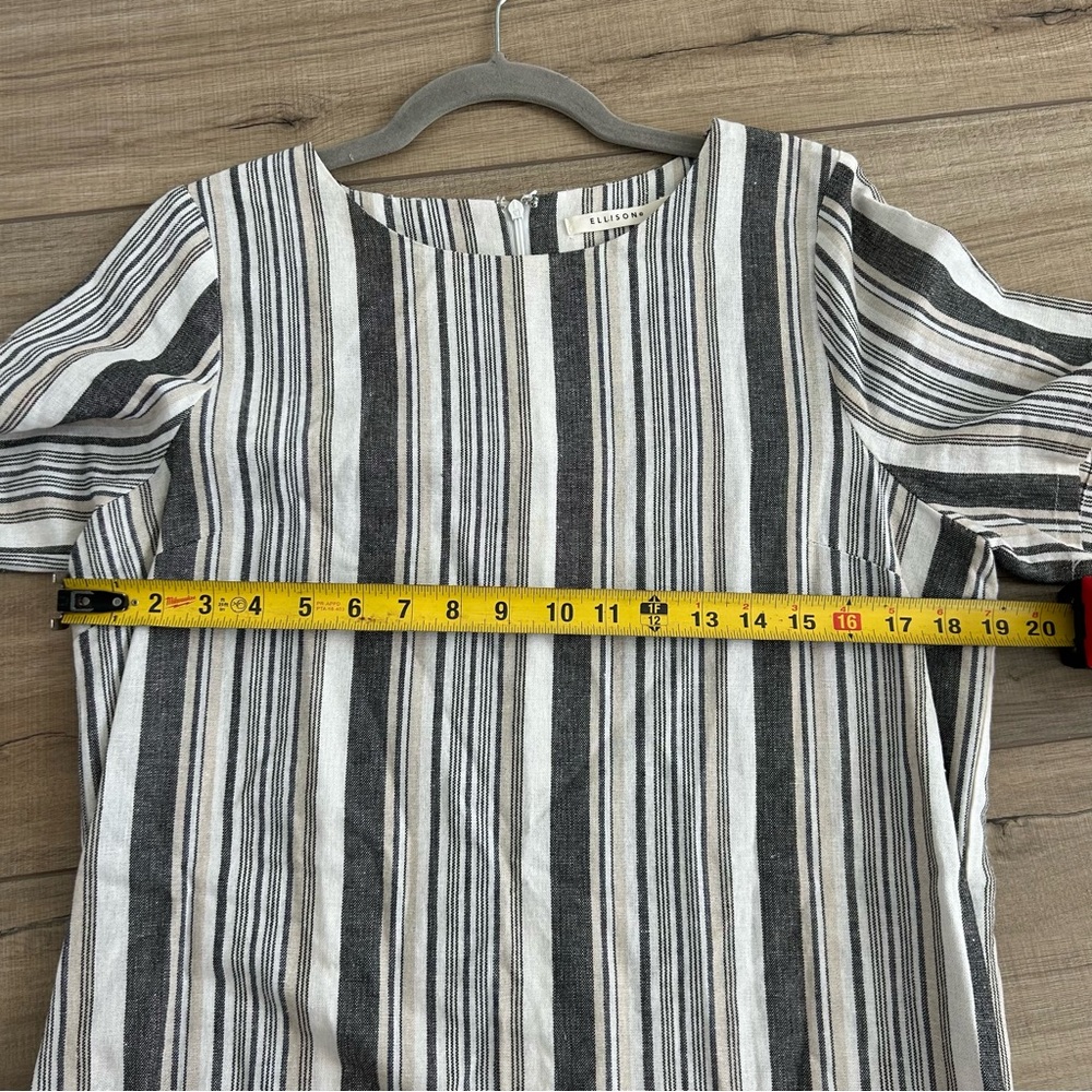 Ellison Grey White Linen Stripe Short Sleeve Shift Dress Tassel Trim M - Picture 10 of 10